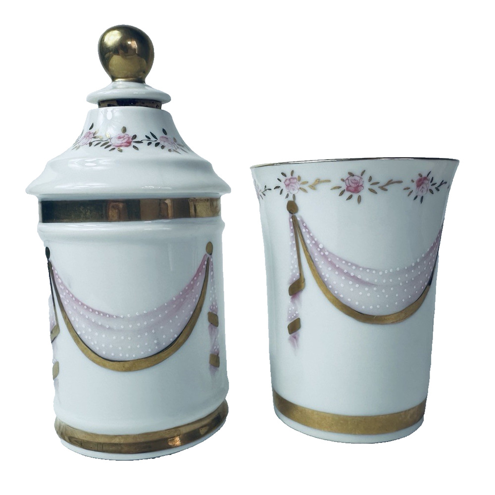 Andrea by Sadek/Sandrea Japan 2 Vanity Jars pink floral garlands/dots 1950s VTG